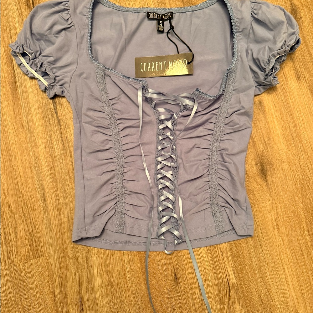 Current Mood Ruched Lace-Up Blouse - Soft Lavender - Picture 2 of 5